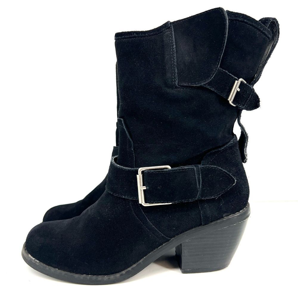DOLCE VITA Biker Boots Womens 9 Motorcycle Black Riding Suede Buckles Silver